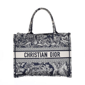 CHRISTIAN DIOR Animal Motif Book Tote Navy Blue White Canvas Handbag